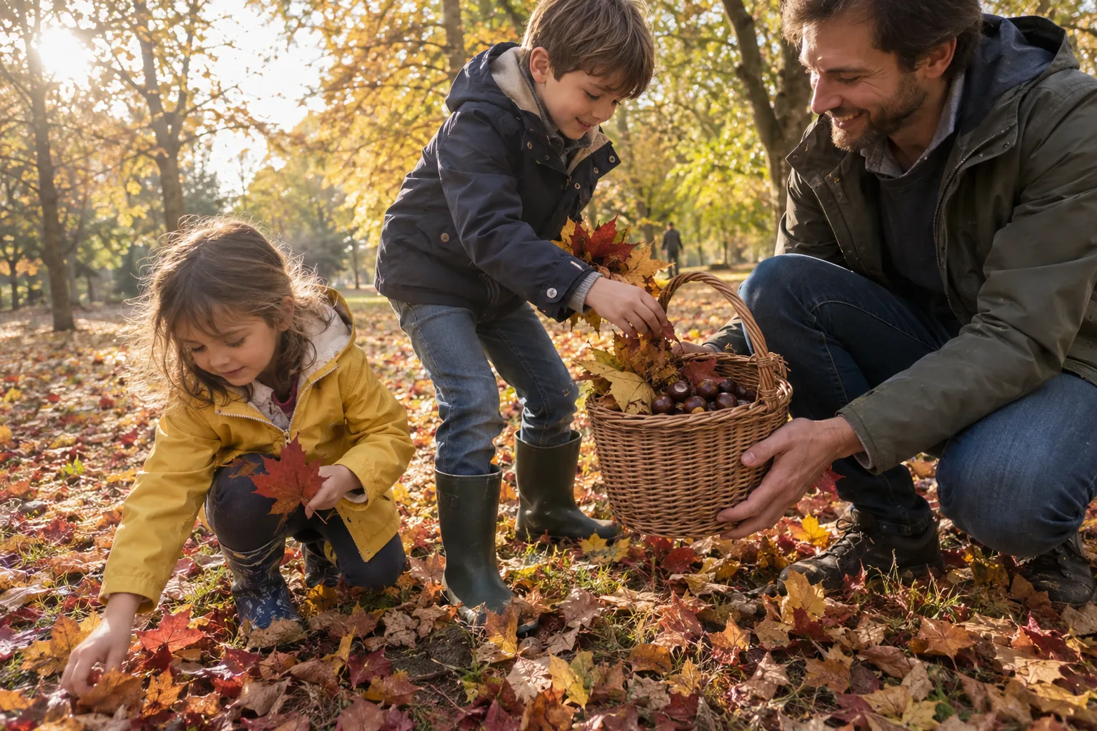 Dans un parc, deux enfants en bottes ramassent des feuilles rouges et jaunes et des marrons qu’ils déposent dans un panier tenu par leur père.
