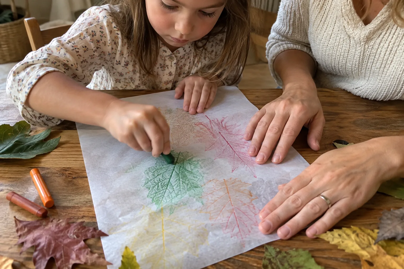 Une fillette frotte un crayon de cire à plat sur une feuille de papier posée sur des feuilles d’arbre, les nervures apparaissent en couleur.