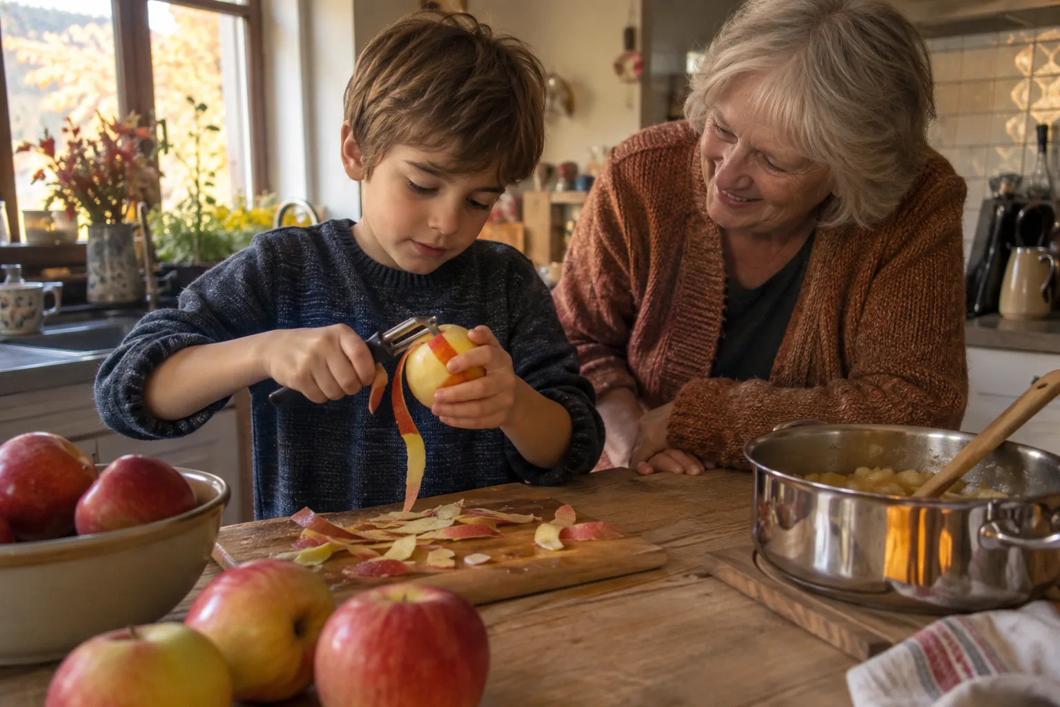 Un garçon épluche une pomme avec un économe sous le regard de sa grand-mère, une casserole de compote sur le plan de travail.