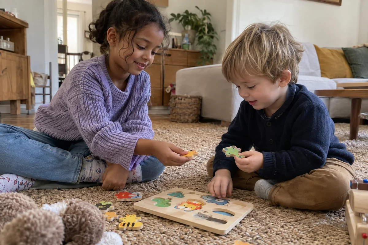 Deux enfants d’âges différents font un puzzle en bois sur le sol.