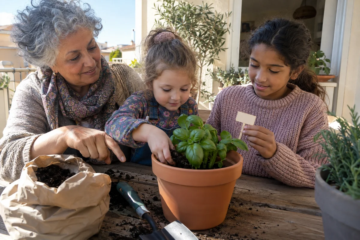 Une femme aux cheveux gris jardine avec une petite fille et un pot de fleurs.