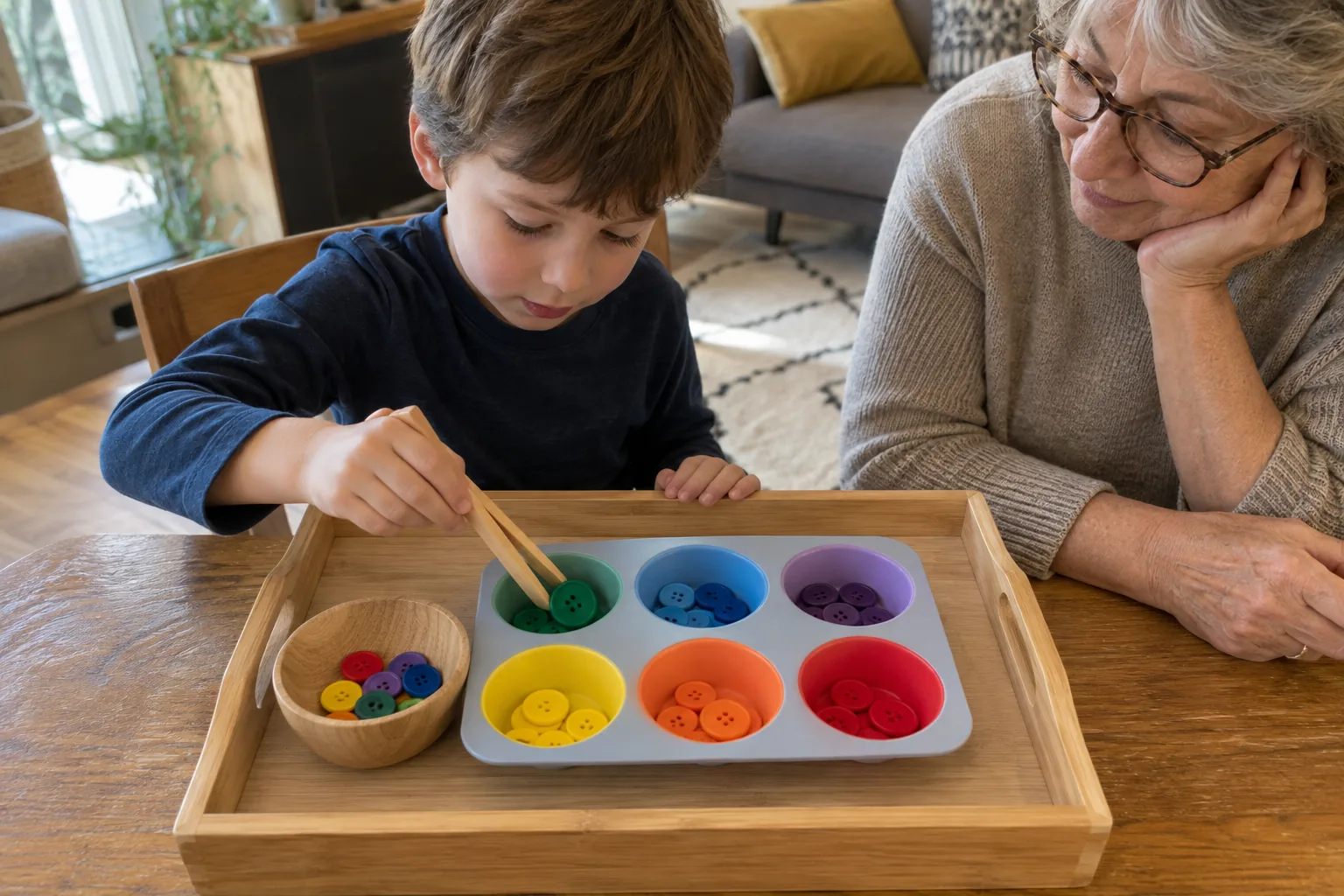 Un garçon trie de gros boutons colorés dans un moule à muffins avec une pince en bois, sous le regard de sa grand-mère.