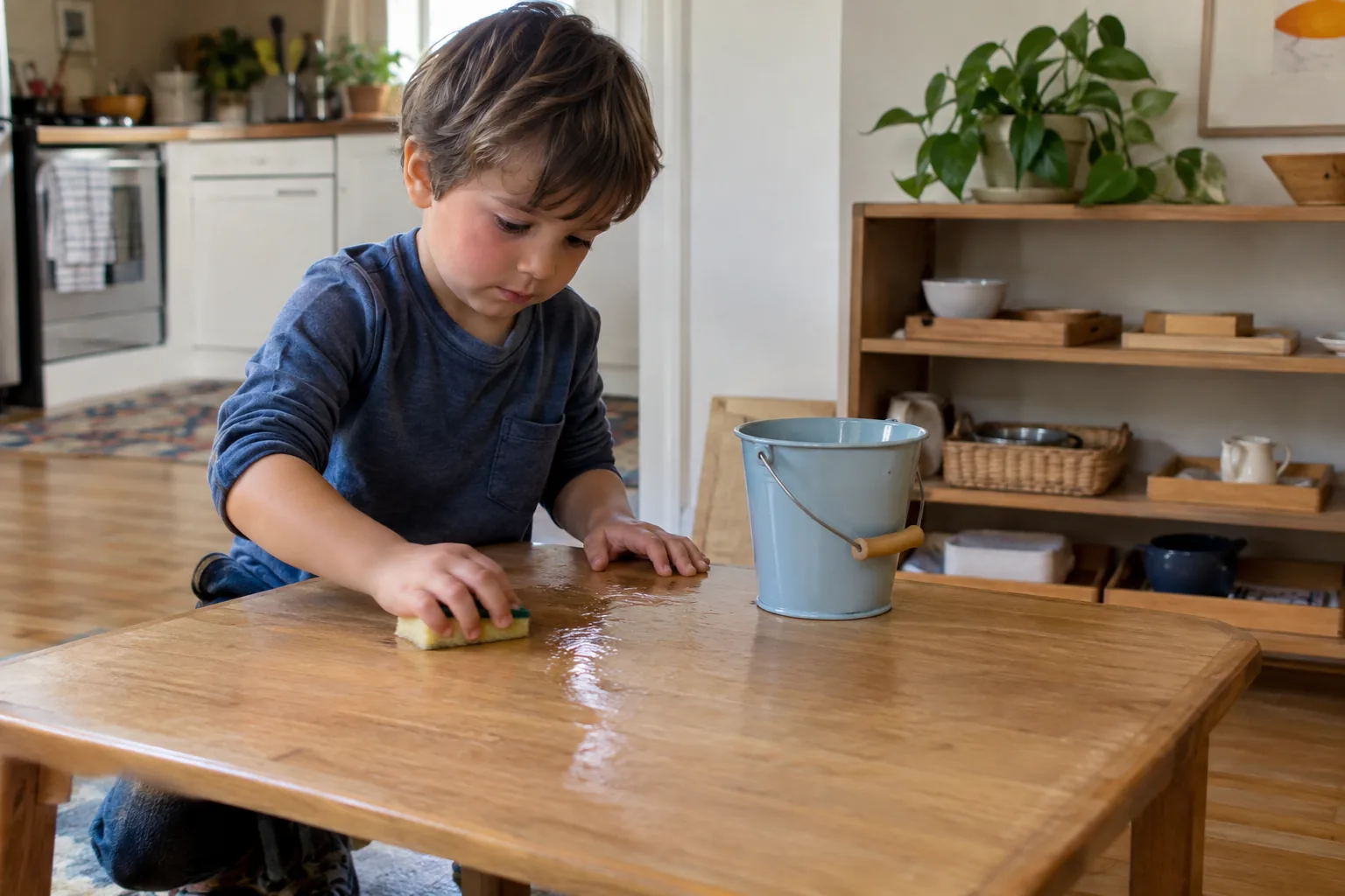 Un garçon essuie une table basse avec une petite éponge, un seau posé à côté, devant une étagère basse garnie de plateaux.