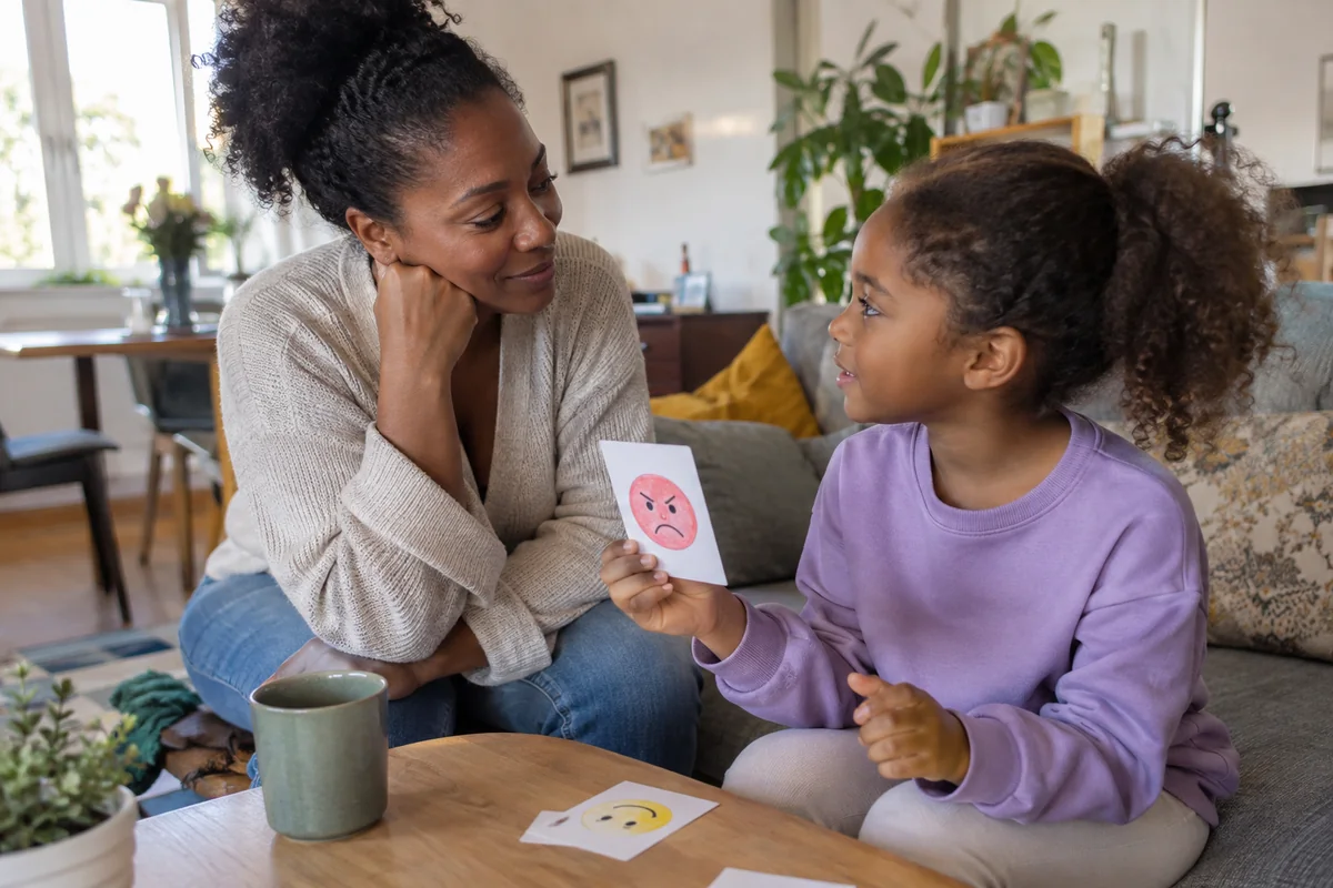Une mère écoute sa fille qui lui montre une carte dessinée représentant une émotion