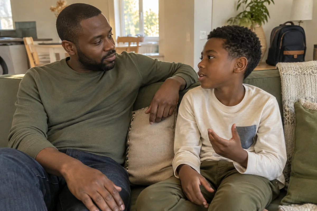 Un père échange avec son fils assis près de lui sur le canapé.