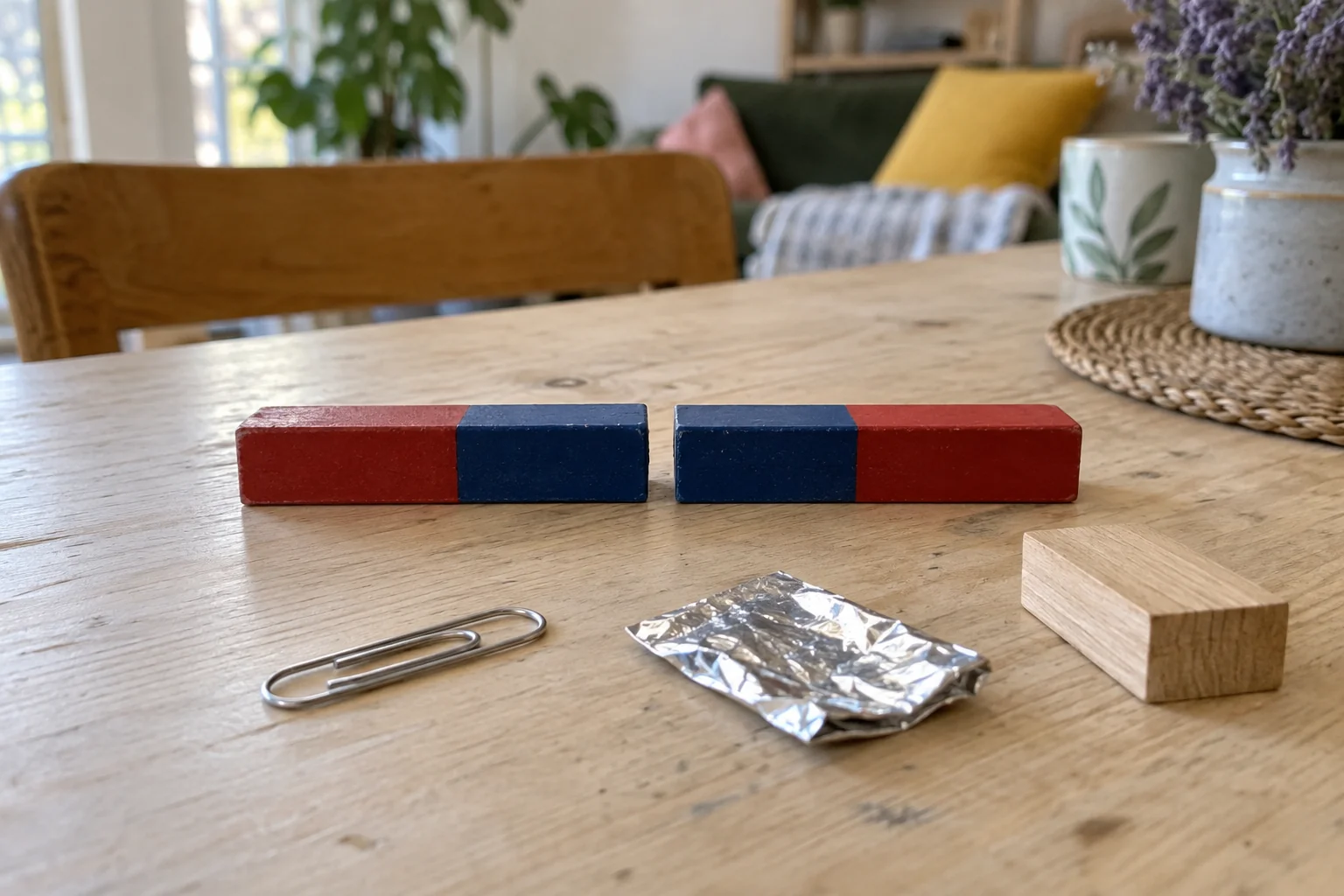 Deux aimants droits présentent leurs extrémités bleues face à face, à côté d’un trombone, de papier aluminium et d’un bloc de bois.