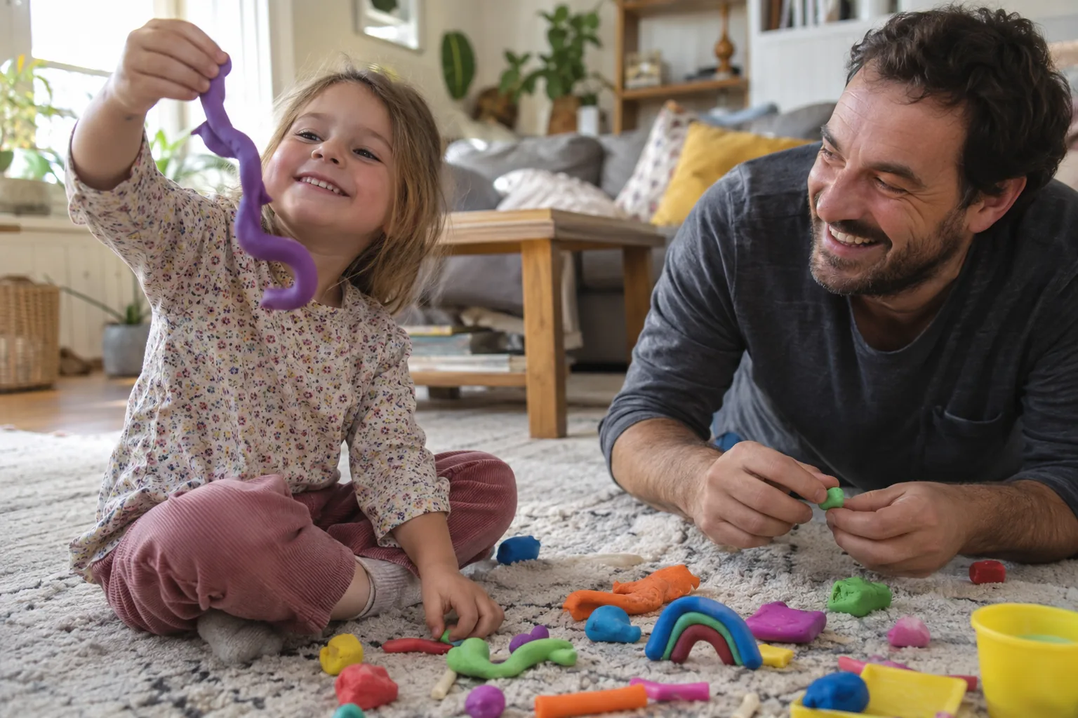 Une fillette brandit en riant un serpent de pâte à modeler violette pendant que son père modèle des lettres sur le tapis.