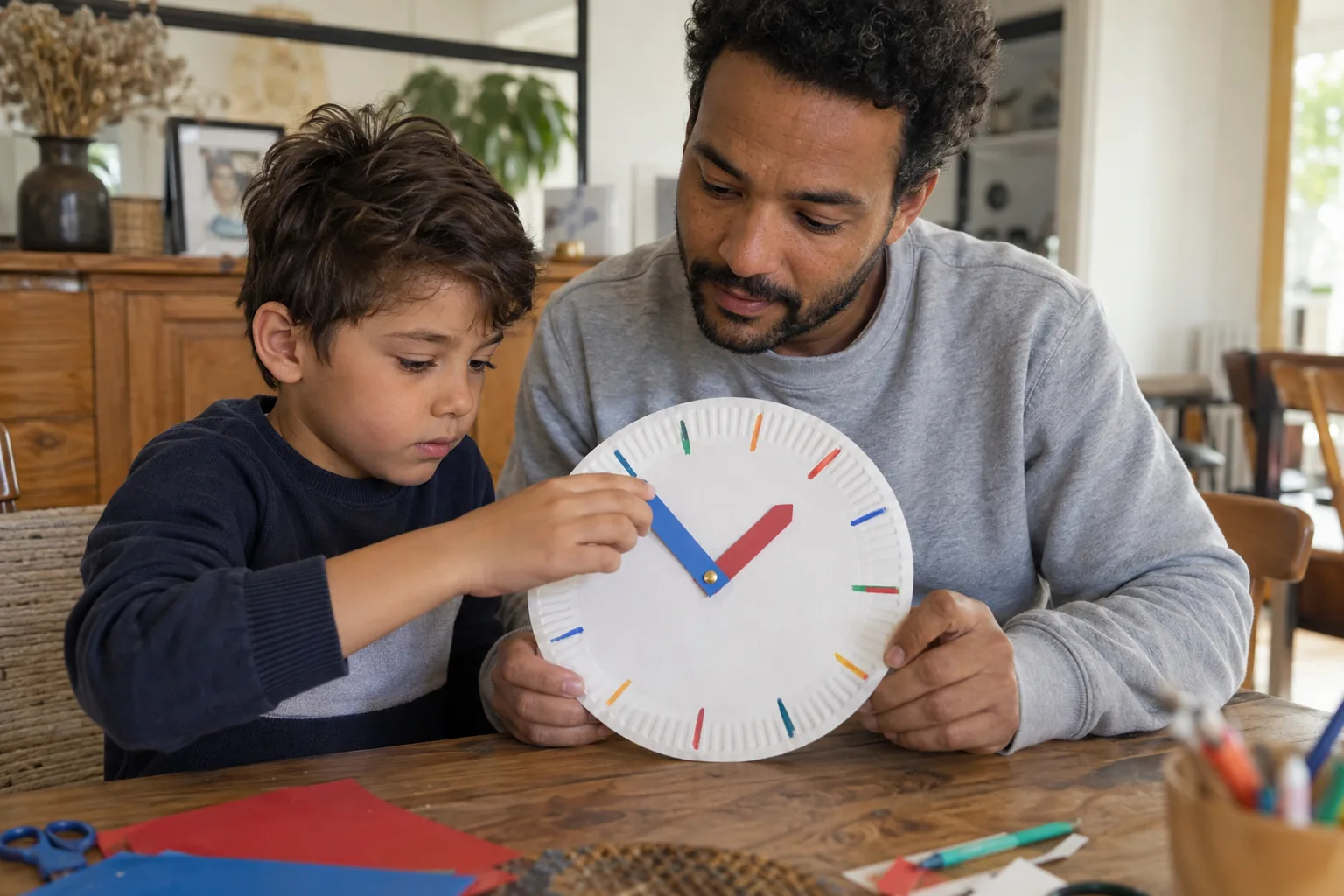 Un père et son fils fabriquent une horloge en carton avec une assiette et deux aiguilles de couleur.