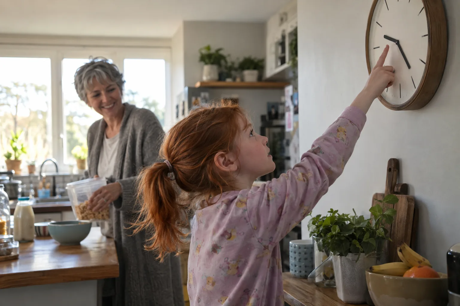 Une fillette en pyjama pointe l’aiguille d’une horloge murale dans la cuisine pendant que sa grand-mère prépare le petit-déjeuner.