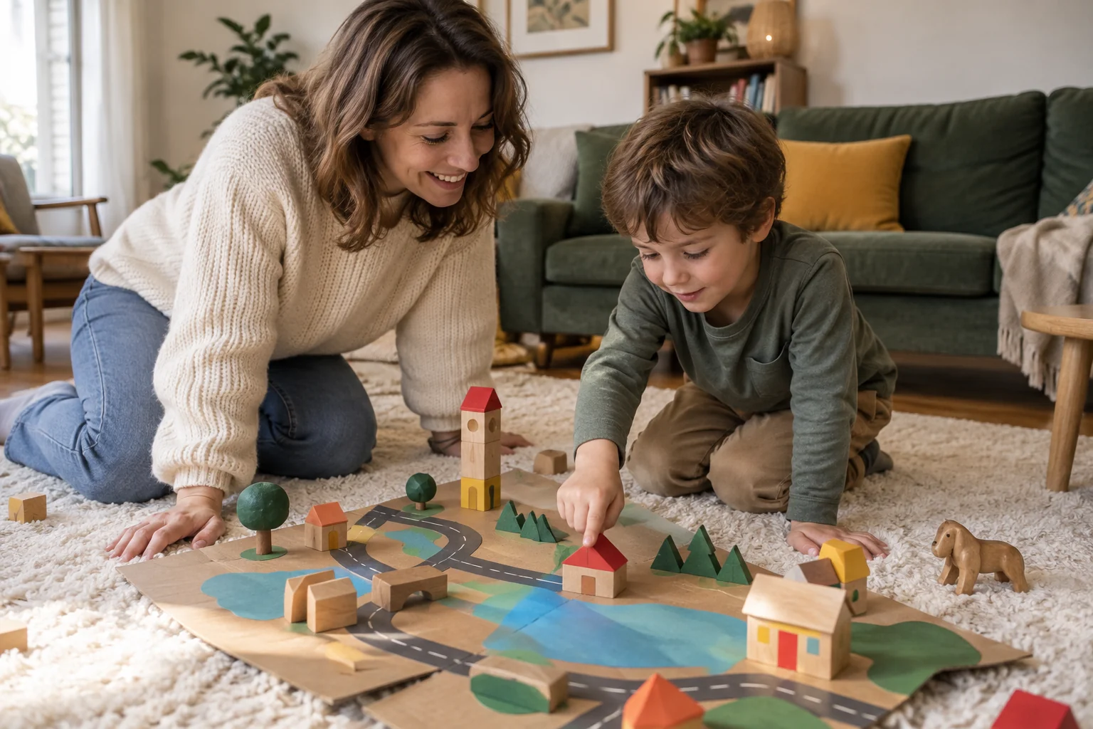 Une mère et son fils observent une maquette de quartier en carton et en blocs de bois, installée sur le tapis du salon.