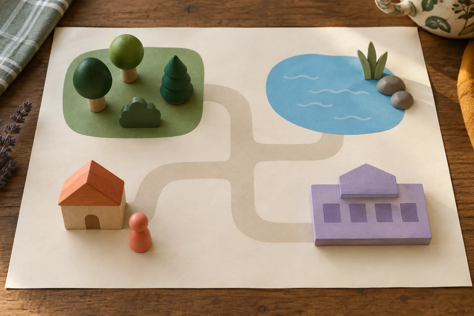 Un plan fabriqué en papier représente un parc, un étang, une maison et une école, avec un pion près de la maison.