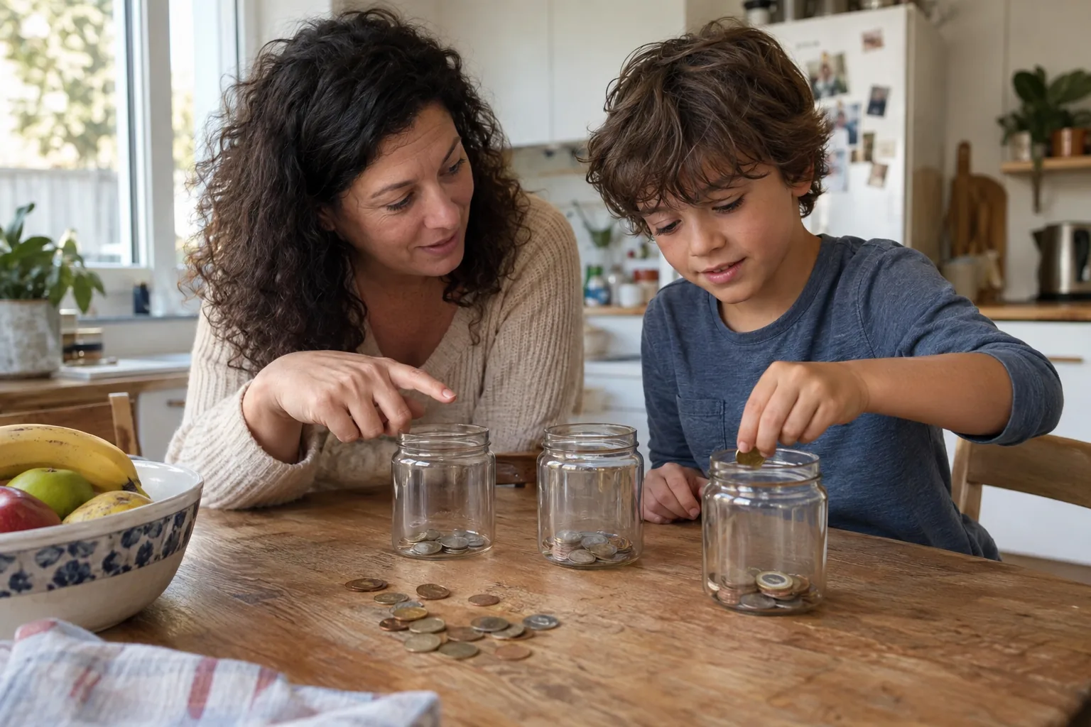 Un garçon répartit des pièces dans trois bocaux en verre sur la table de la cuisine avec l’aide de sa mère.