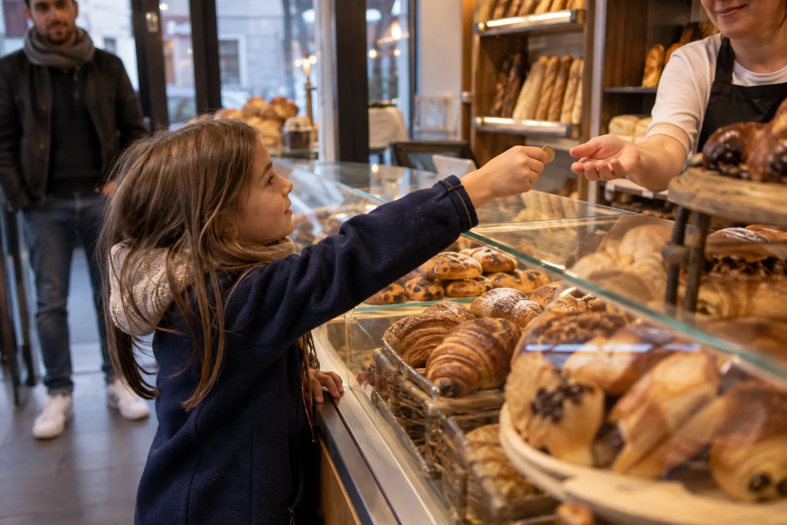 Une fillette tend une pièce à la boulangère par-dessus le comptoir pendant que son père attend près de la porte.