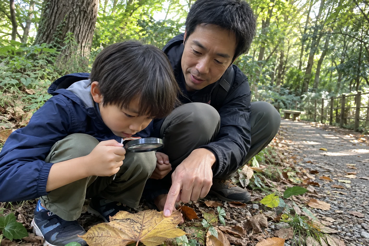 Un parent et son enfant observent une feuille avec une loupe dans un parc.