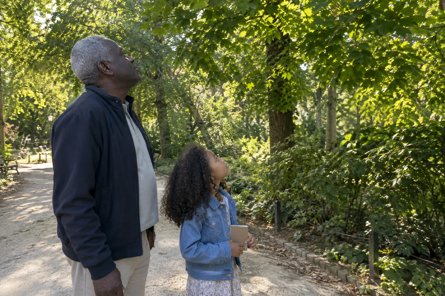 Une fillette et son grand-père s’arrêtent pour regarder les feuilles d’un arbre.