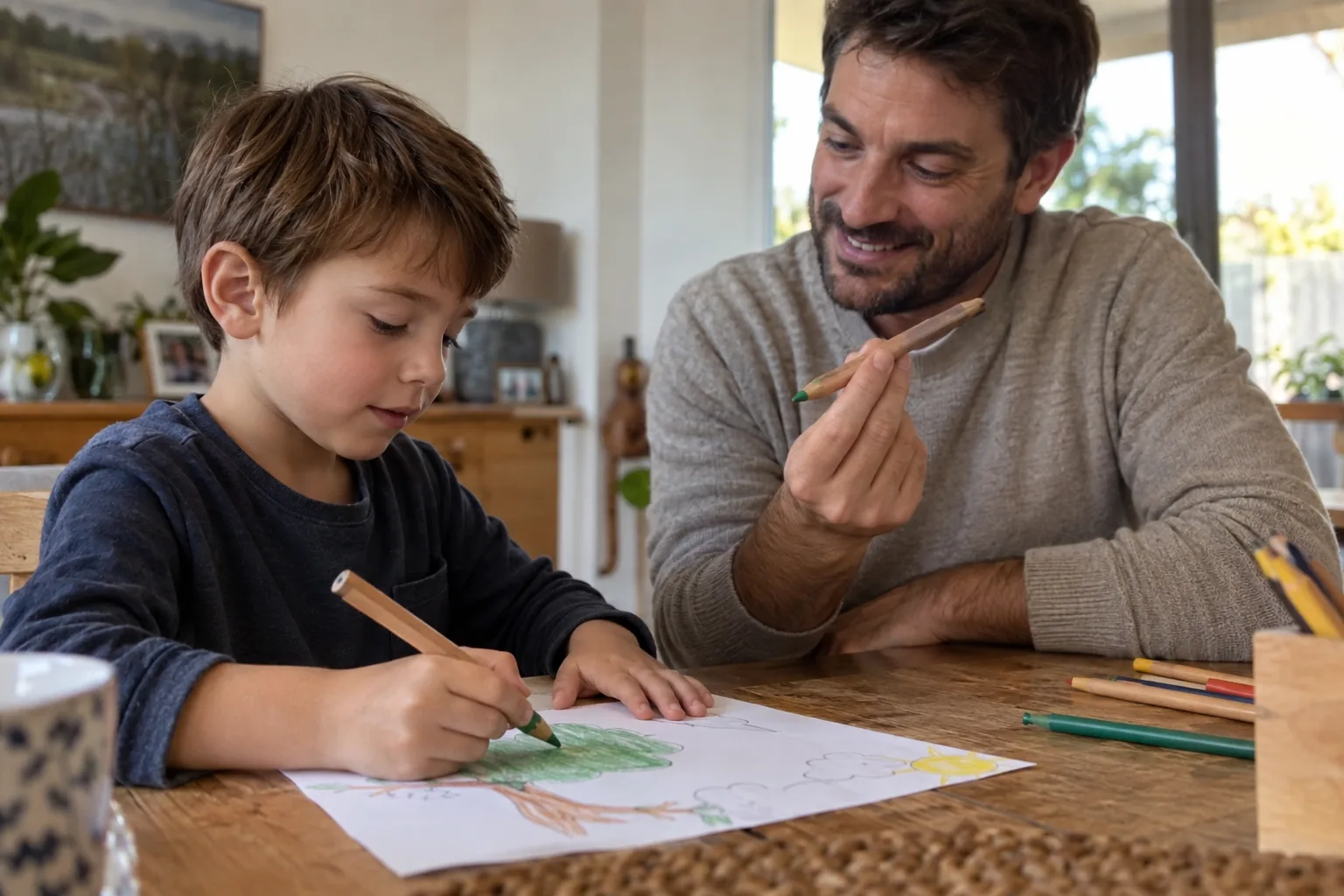Un garçon colorie un arbre avec un gros crayon en bois pendant que son père lui montre la bonne prise en tenant lui-même un crayon.