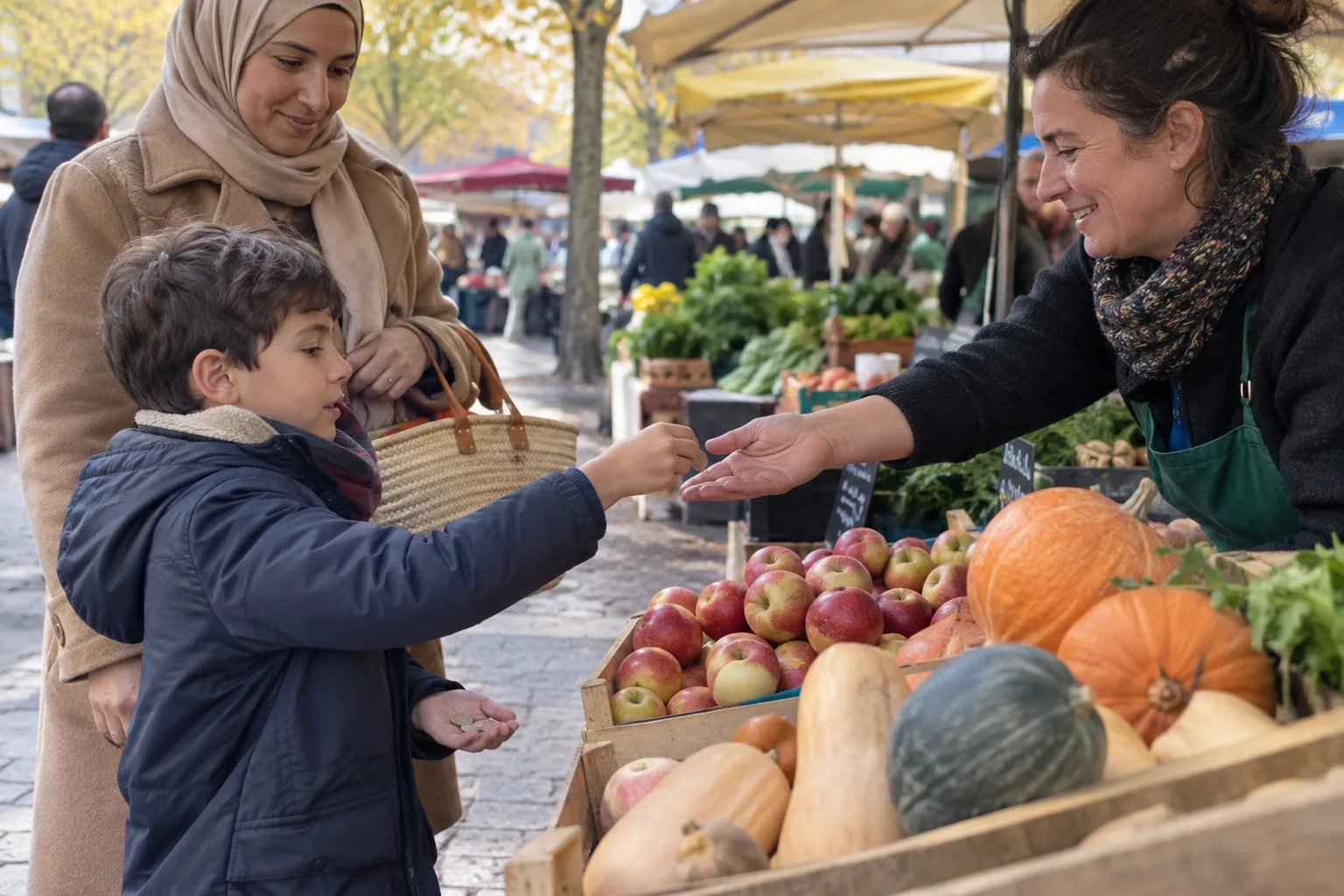Un garçon tend des pièces à une maraîchère au-dessus d’un étal de pommes et de courges sur un marché.