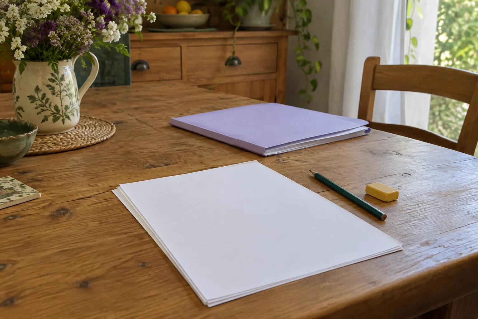 Hojas blancas, un l&aacute;piz verde y una carpeta lavanda est&aacute;n sobre una mesa.