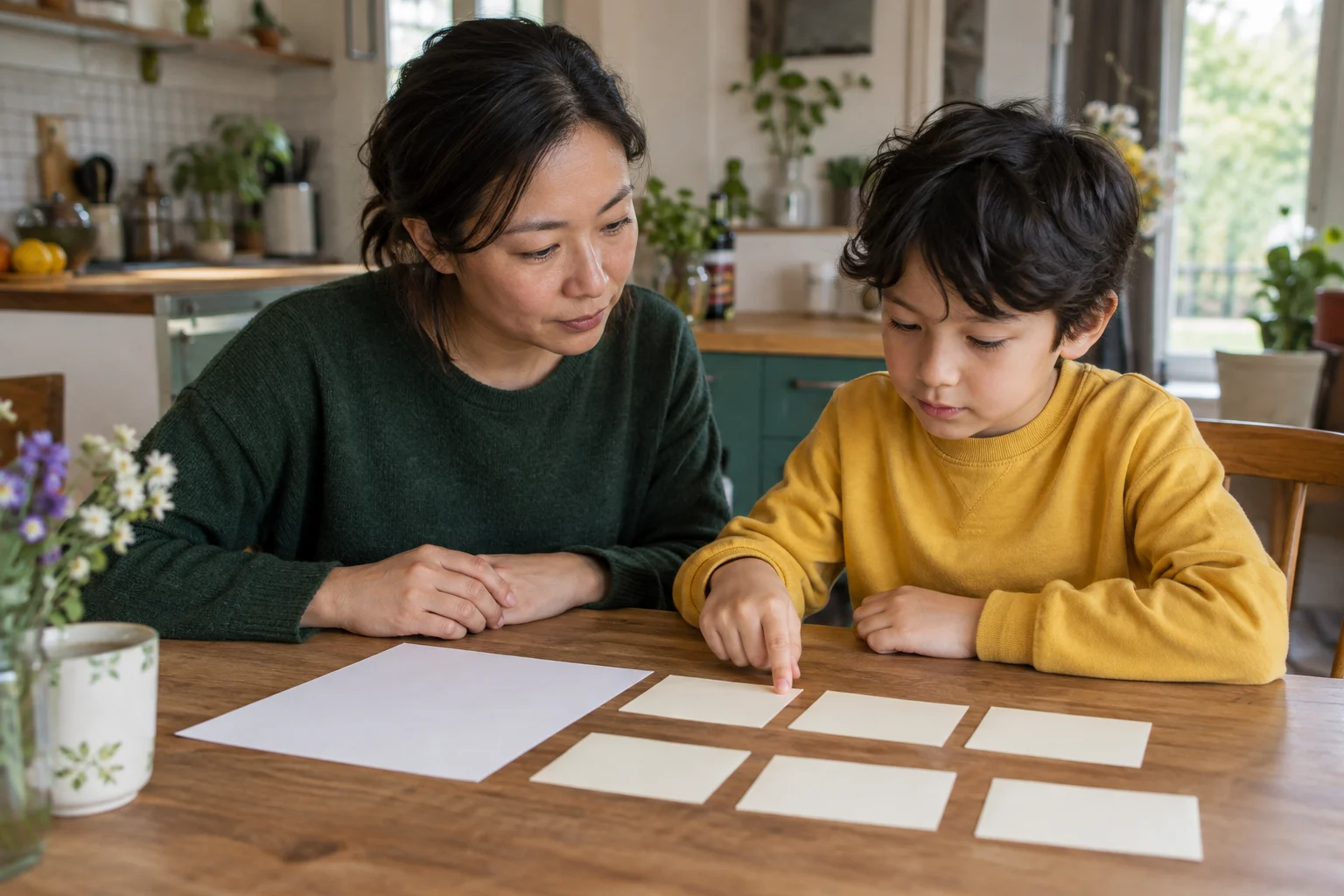 A mother and her son look at blank cards placed on a table.