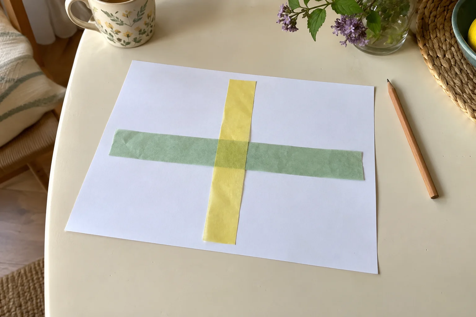Una tira de papel verde y una tira amarilla se cruzan sobre una hoja blanca.