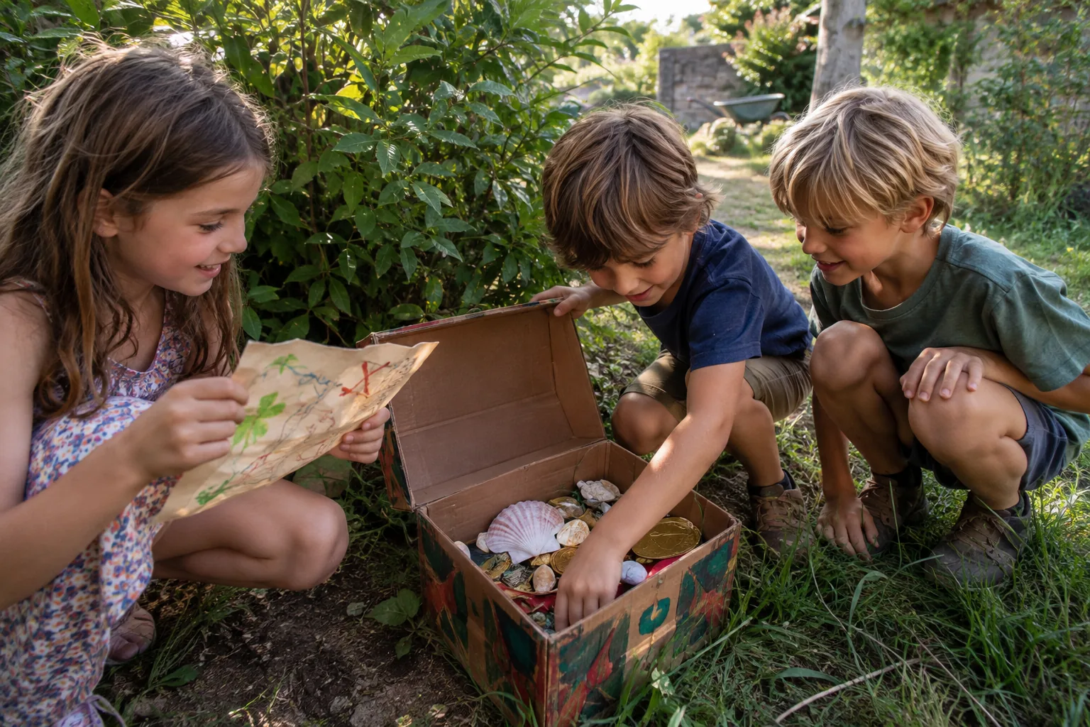 Dans un jardin, trois enfants découvrent un coffre en carton peint caché derrière un buisson, rempli de coquillages et de médailles en carton.