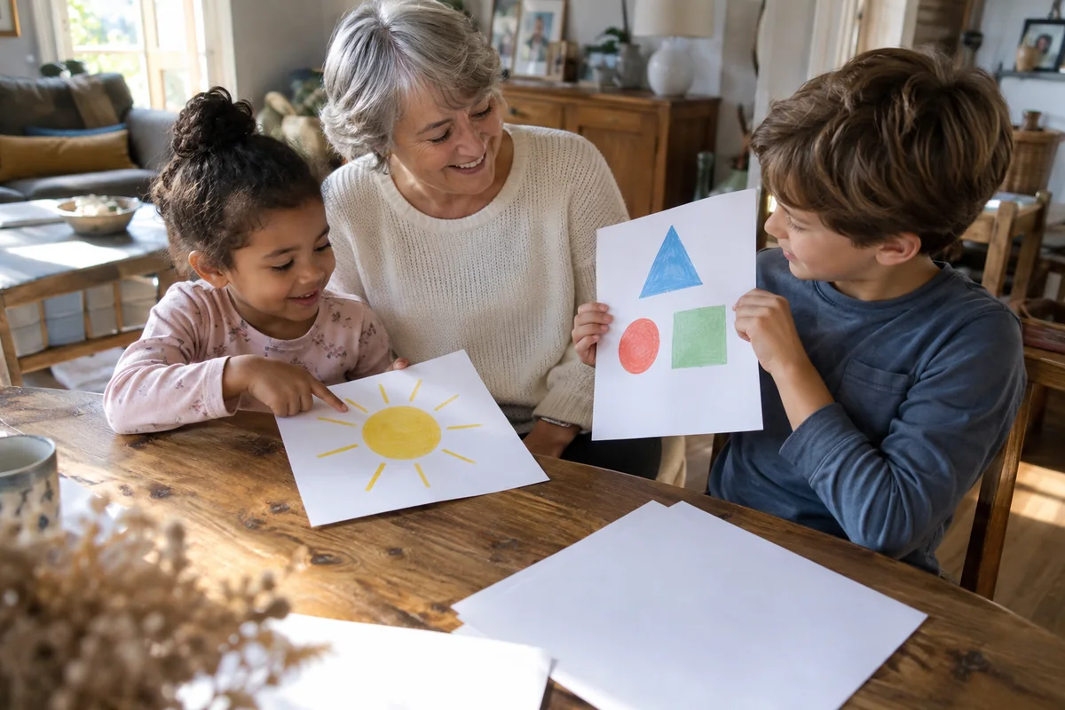 Une grand-mère dessine avec deux enfants autour d’une feuille colorée.