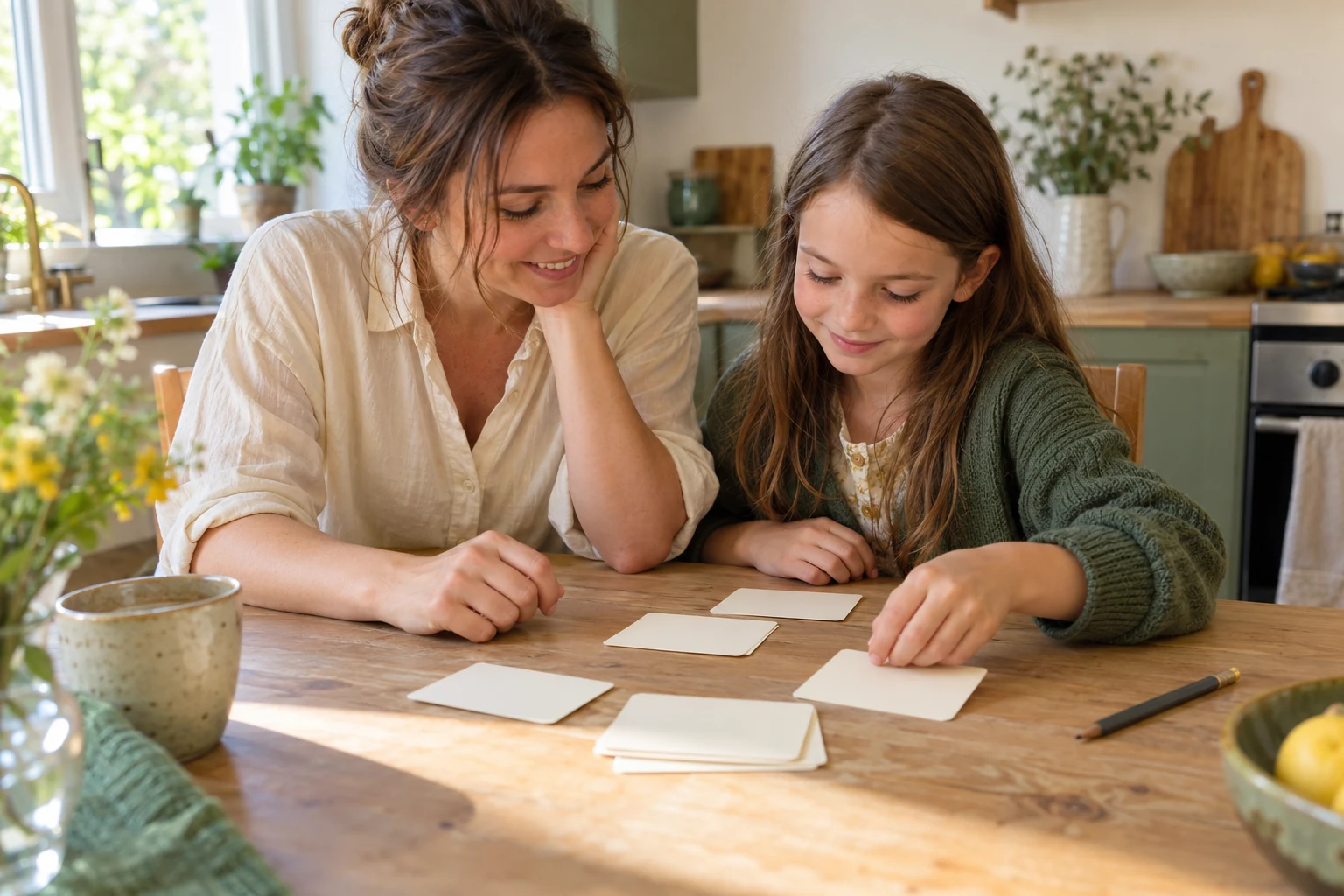 A mother and child prepare blank cards at a table.