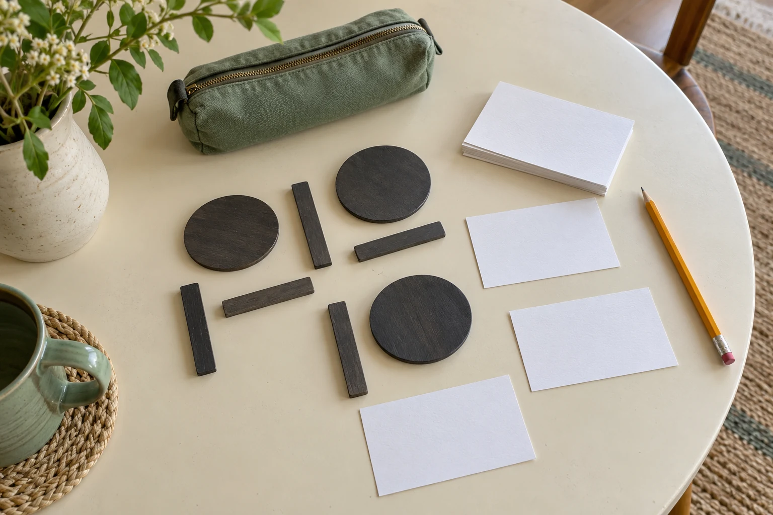 Fichas redondas y tiras rectangulares est&aacute;n separadas junto a tarjetas en blanco.
