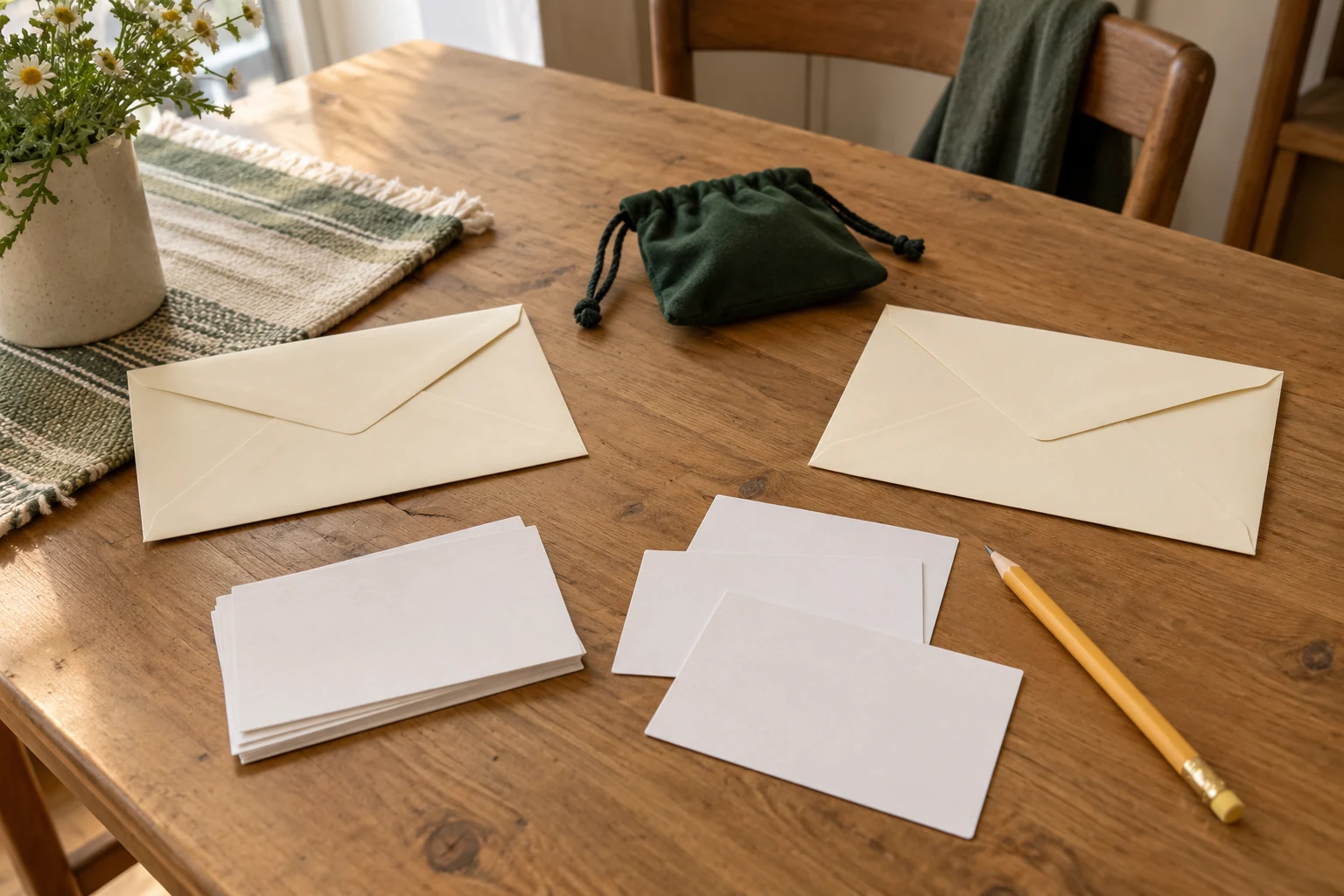 Dos sobres y varias tarjetas en blanco est&aacute;n junto a un l&aacute;piz.