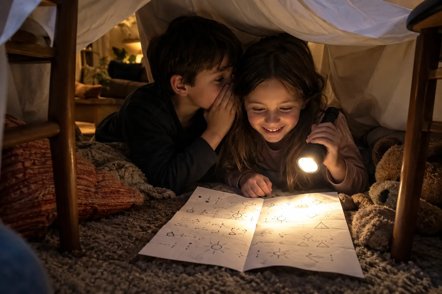 Deux enfants chuchotent dans une cabane de drap en éclairant une feuille de symboles avec une lampe de poche.