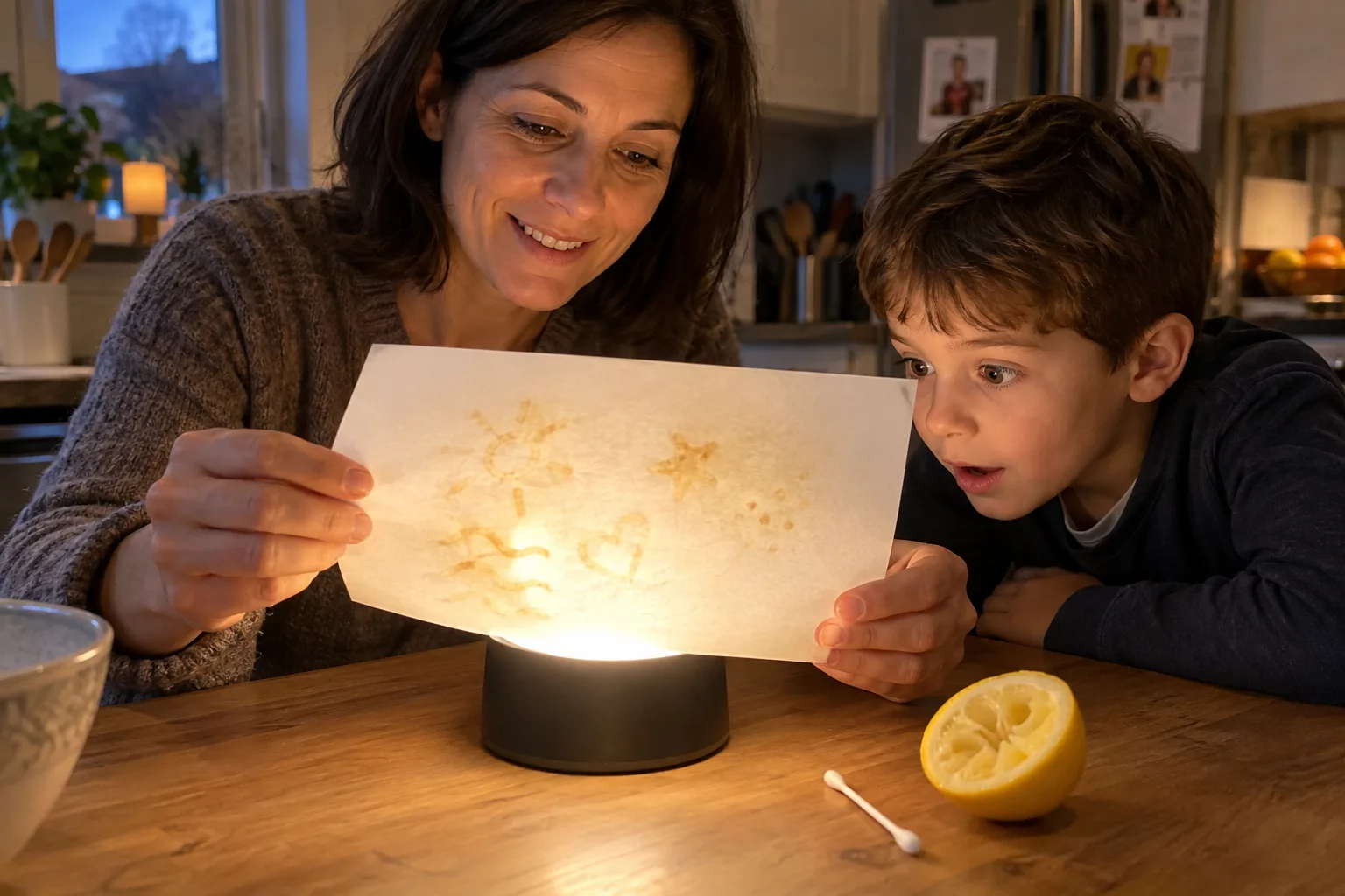 Une mère fait apparaître des traits brunâtres sur une feuille en la chauffant sous une lampe, pendant que son fils regarde, un citron pressé posé sur la table.