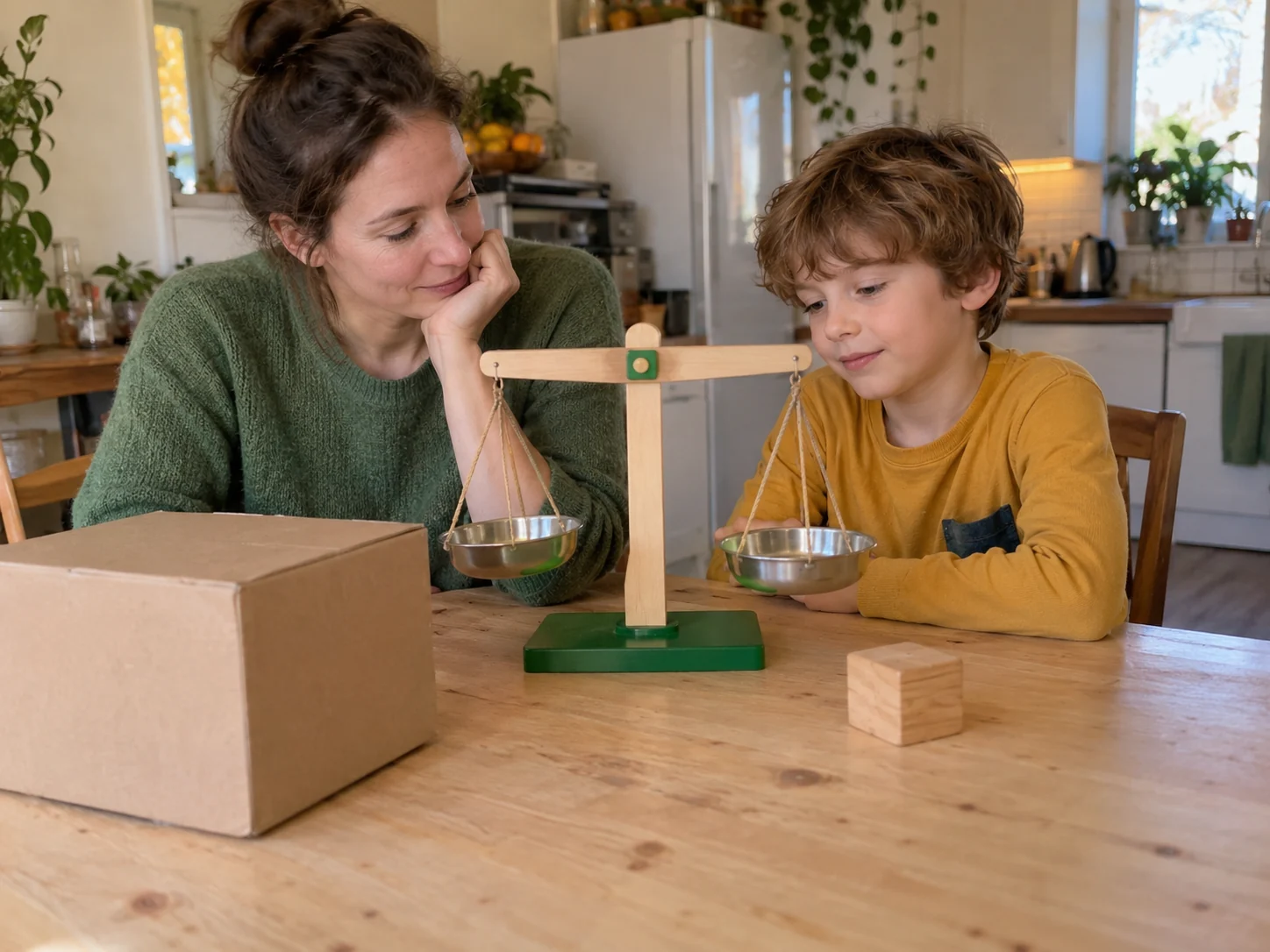 An adult and child examine an educational balance with empty pans.
