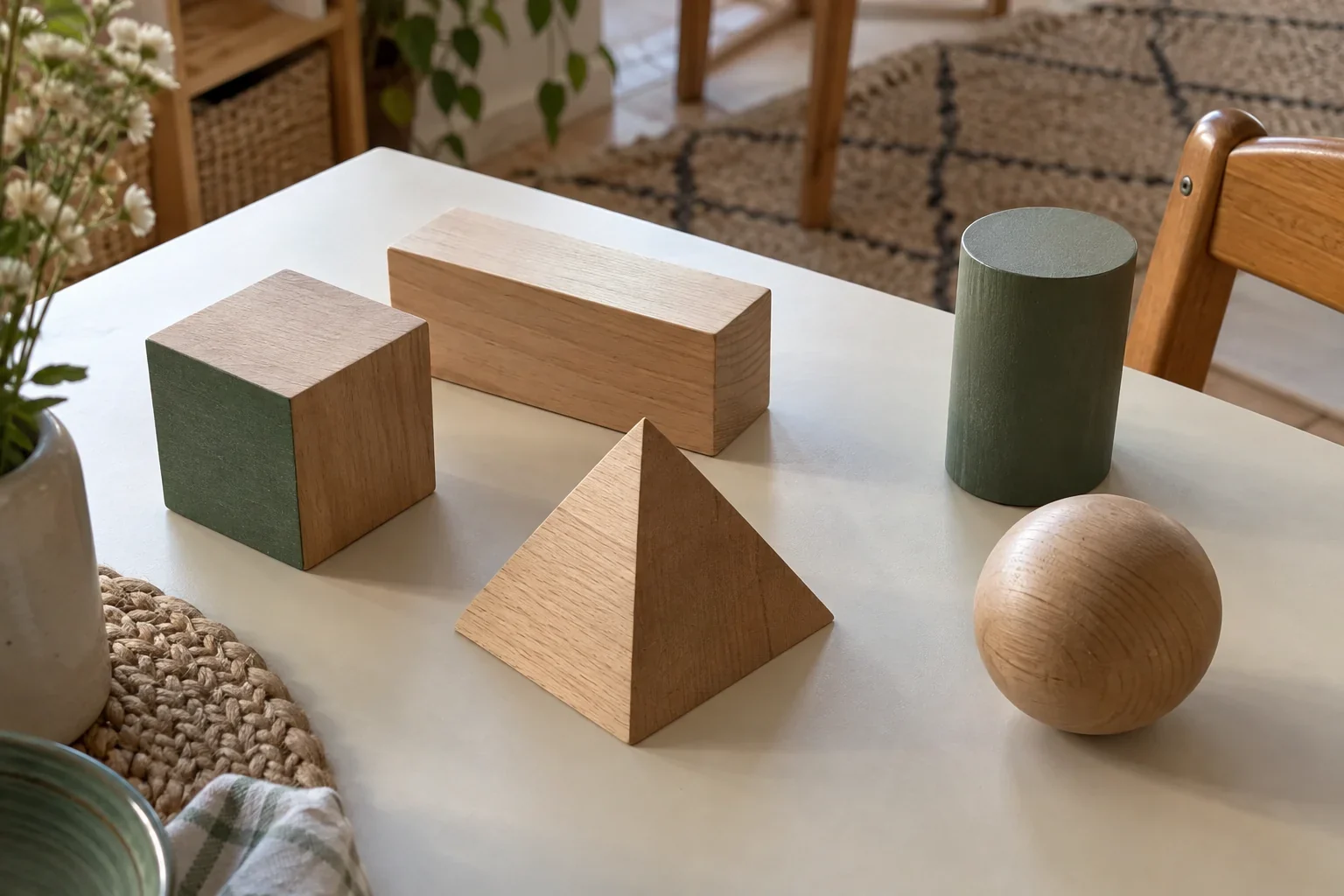 Cubo, prisma rectangular, cilindro, pirámide y esfera de madera sobre una mesa.