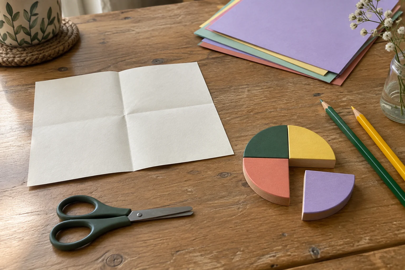 Une feuille pliée en quatre et un puzzle rond en bois composé de quatre quarts colorés sont posés sur une table avec des crayons.