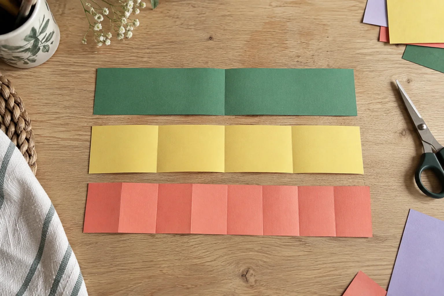 Trois bandes de papier verte, jaune et corail, pliées respectivement en deux, quatre et huit parties, sont posées sur une table.