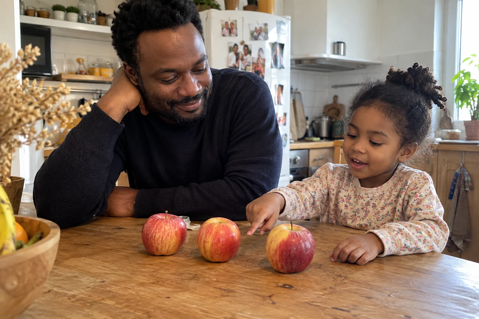 Un père et sa fille comptent des pommes posées sur la table de la cuisine.