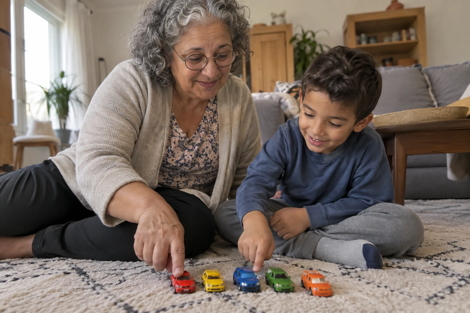Une grand-mère joue à compter des petites voitures avec son petit-fils.
