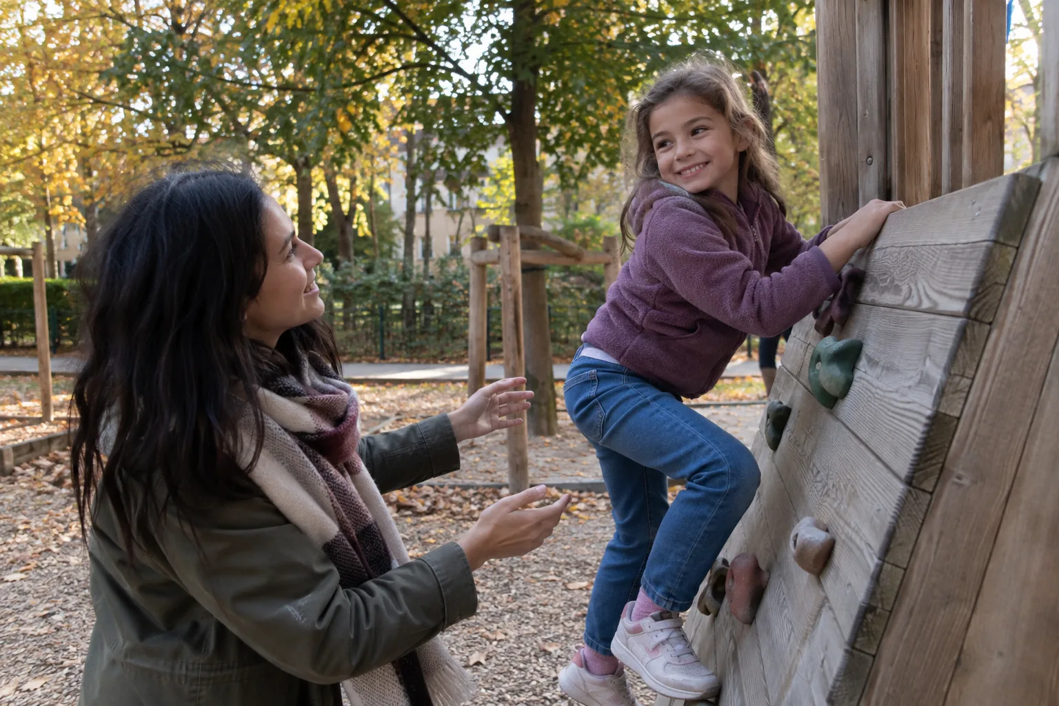 Dans un parc, une fillette grimpe sur une structure d’escalade en bois pendant que sa mère, tout près, l’encourage du regard.