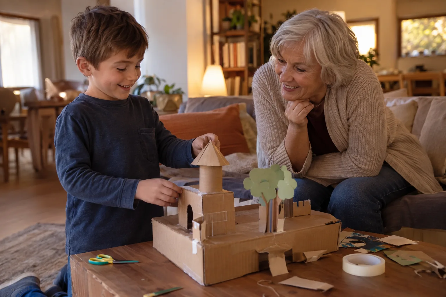 Un garçon montre fièrement une maquette de château en carton à sa grand-mère assise sur le canapé.