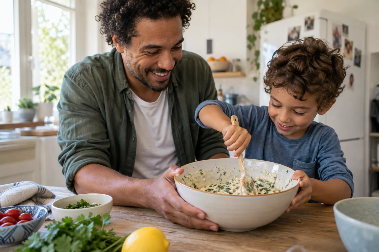 Un père et son fils mélangent une pâte dans un grand saladier posé sur la table.