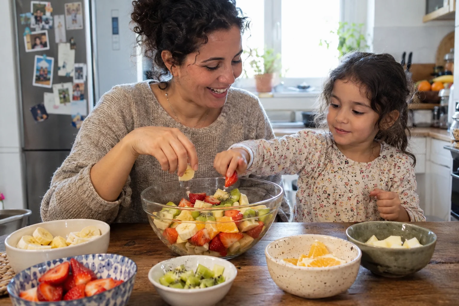 Une mère et sa fille préparent ensemble un saladier de fruits déjà découpés par l’adulte.