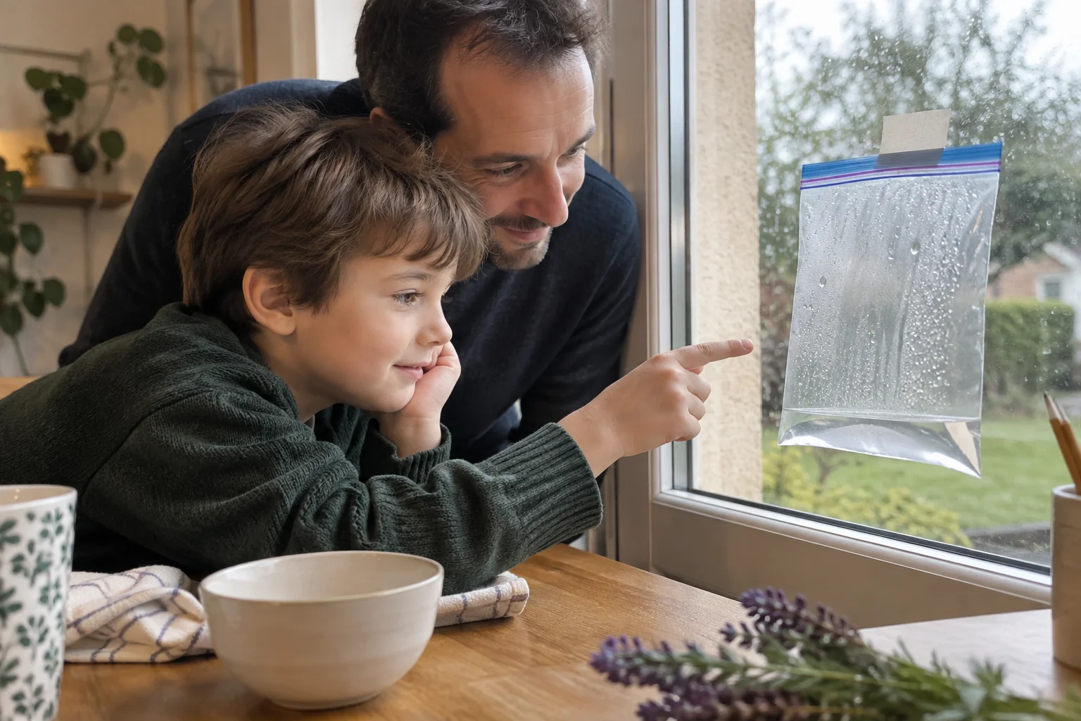 Un père et son fils observent les gouttelettes sur un sachet transparent fermé, contenant un fond d’eau et fixé à une fenêtre.