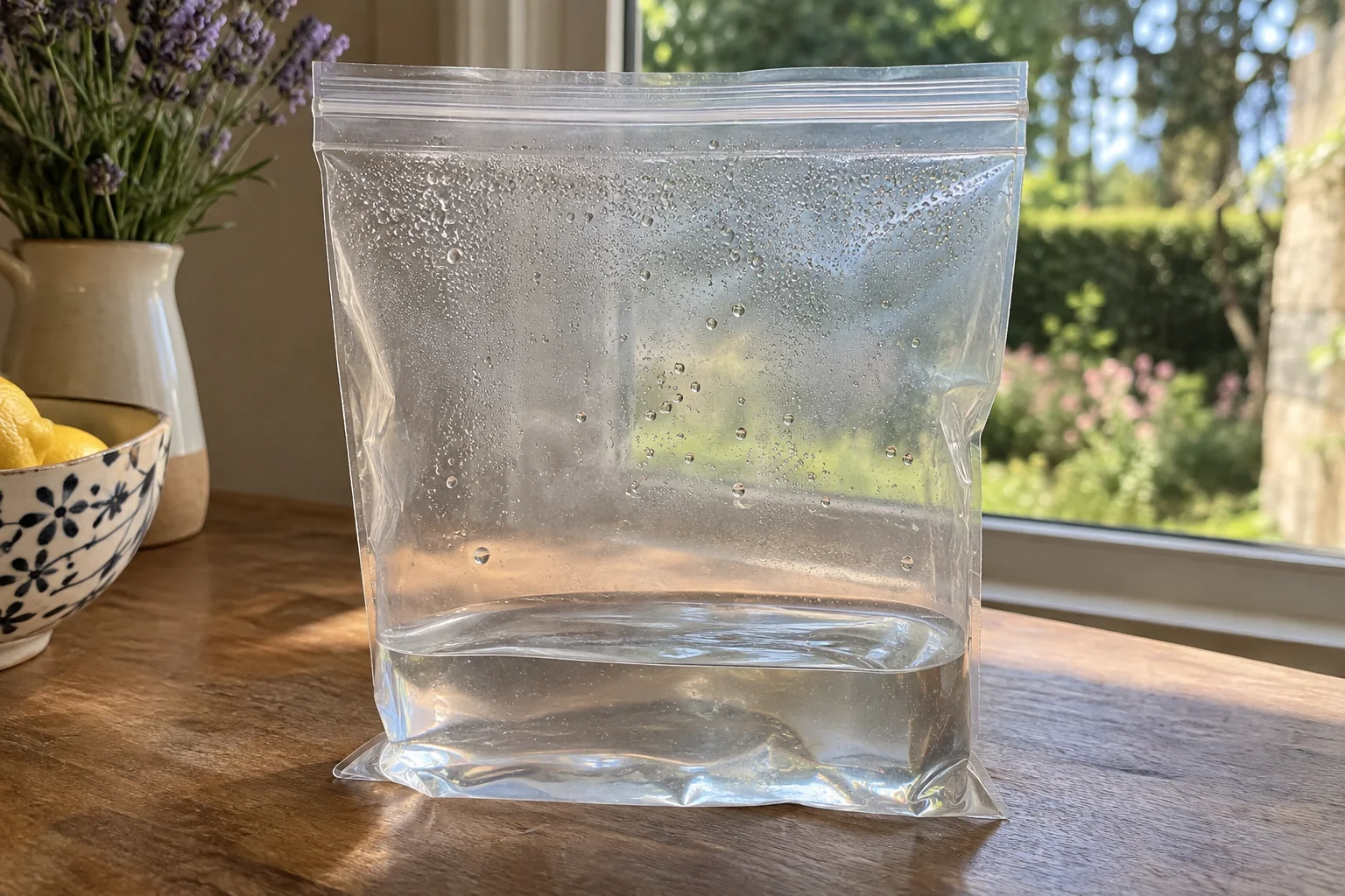 Un sachet transparent fermé posé près d’une fenêtre contient un fond d’eau et de petites gouttelettes sur sa paroi intérieure.