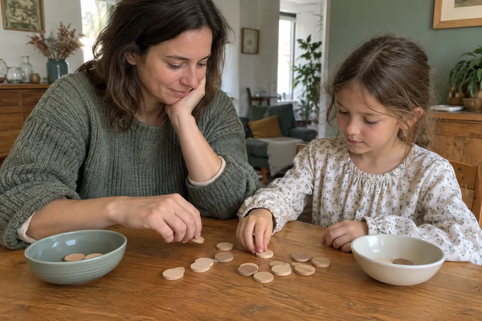 A child moves counters on a table with an adult.
