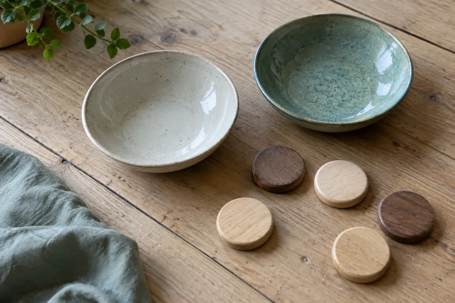 Dos tazones y fichas de madera preparados sobre la mesa.
