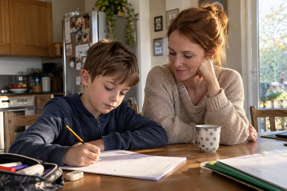 Une mère reste près de son fils pendant qu’il écrit dans son cahier après l’école
