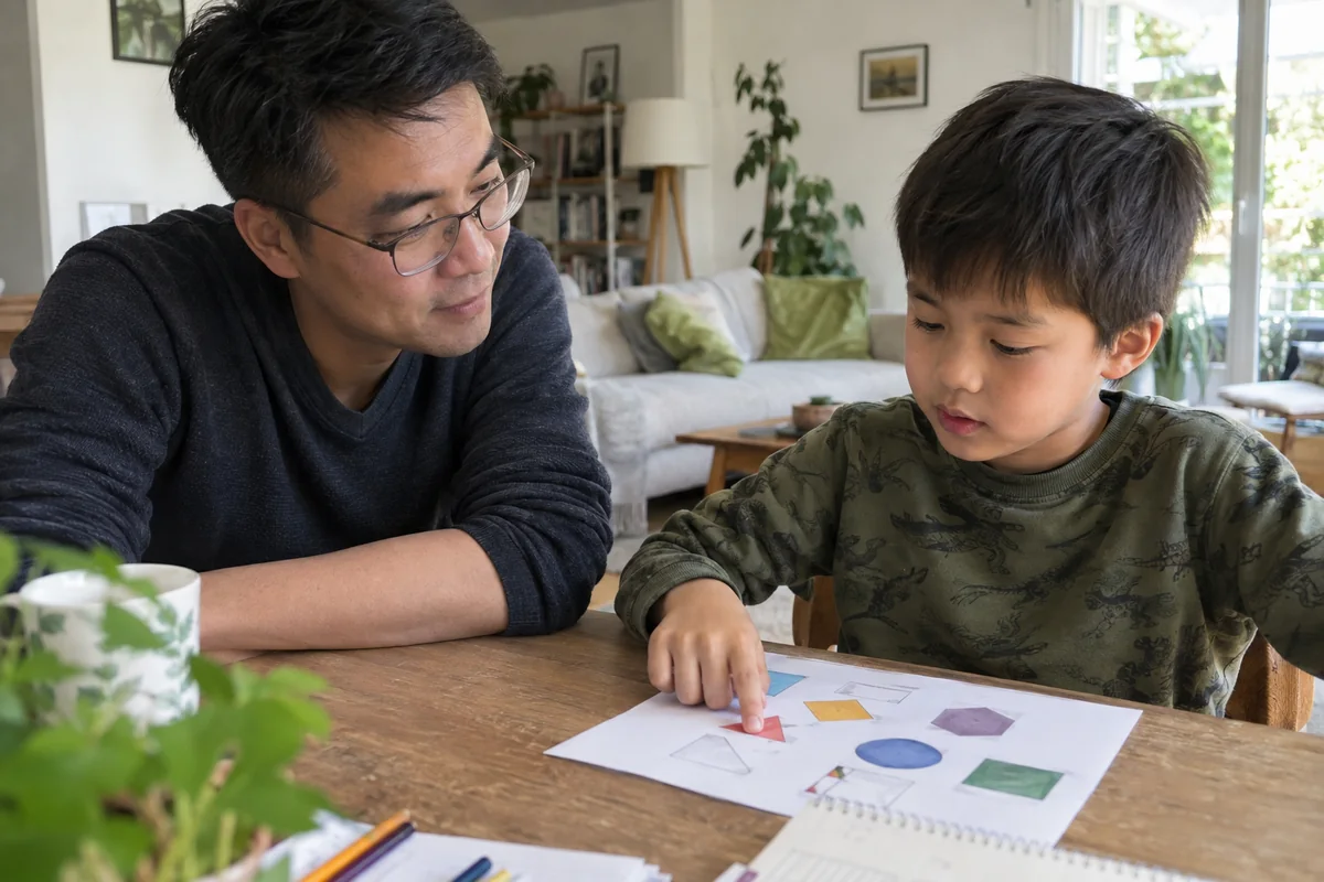 Un père reste près de son fils qui choisit des formes sur une fiche.