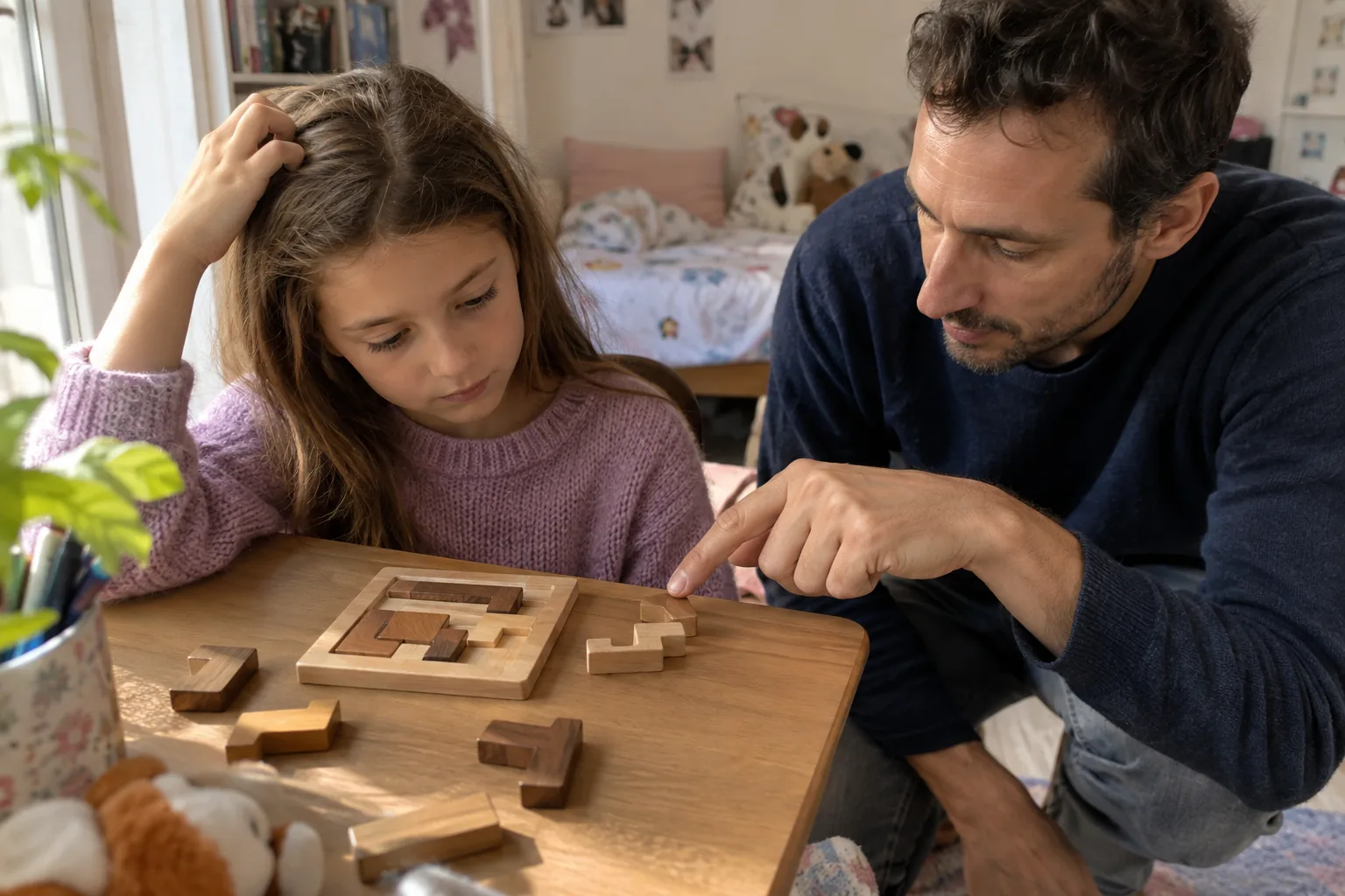 Une fillette se gratte la tête devant un casse-tête en bois pendant que son père lui montre une pièce du doigt sans la prendre.