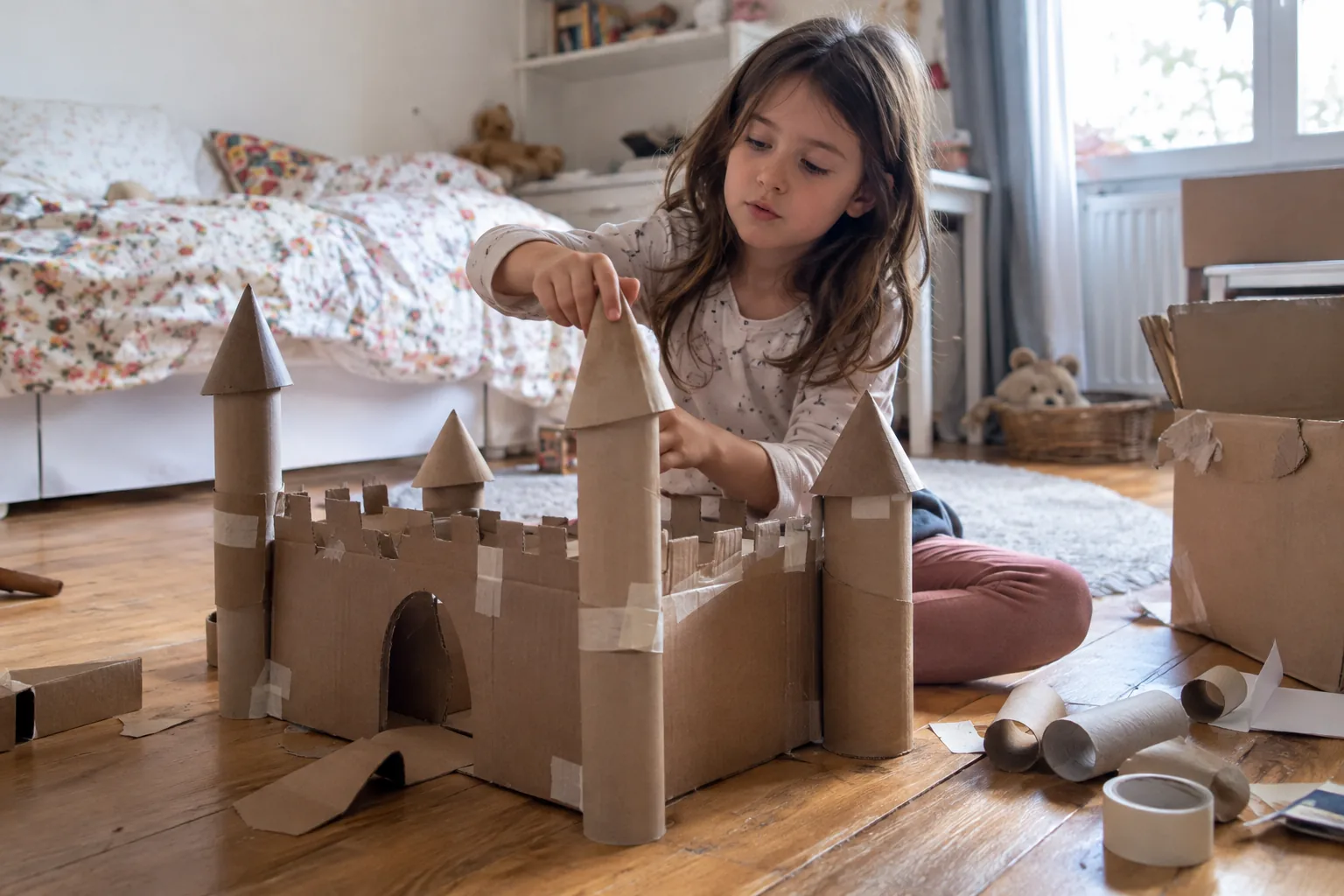 Une fillette construit seule un château avec de grands cartons et des rouleaux sur le parquet de sa chambre.