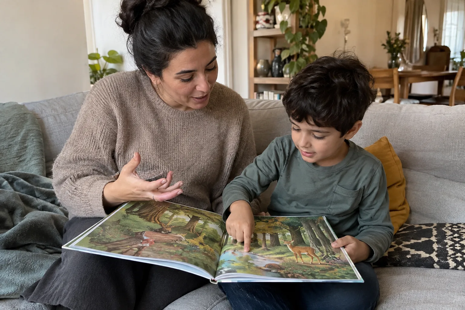 Une mère et son fils regardent un grand album illustré sur le canapé ; l’enfant montre une forêt du doigt.
